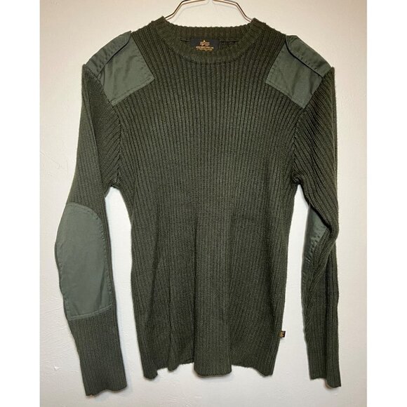 Alpha Industries Flight Apparel Sweater Ribbed Stretch Large Army Green Patches - Picture 1 of 8
